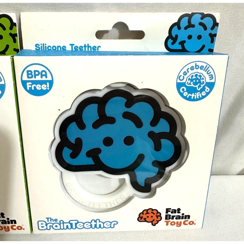 Fat Brain Toy Co. The Brain Teether Silicone Baby Teething Rings Green & Blue - Picture 4 of 6
